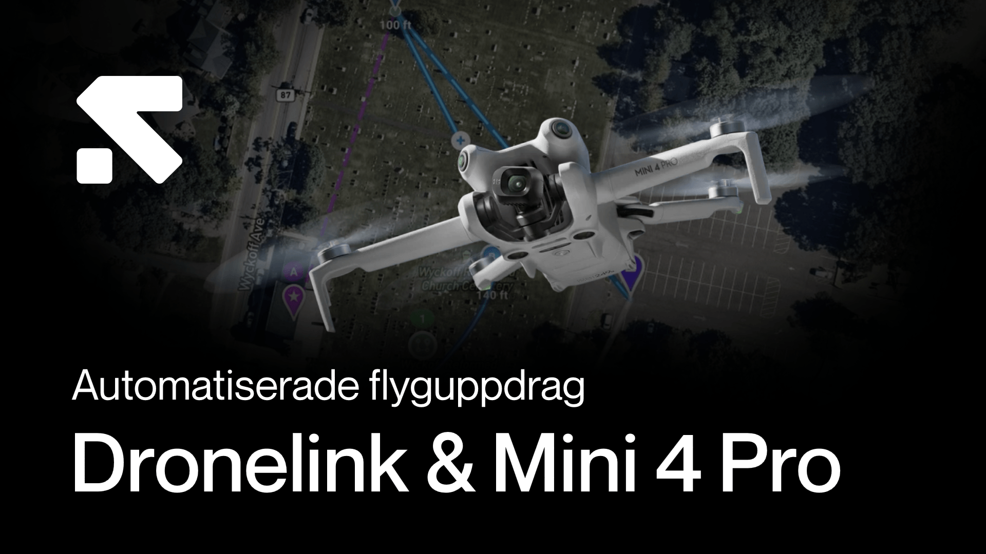 En drönare och fjärrkontroll visas över en kartvy, med fokus på uppdragsplanering och automatiserad flygning. YouTube Thumbnails(2).png