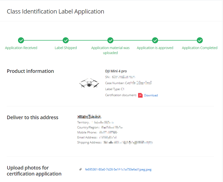 "Skärmbild av en klassidentifieringsetikettansökan för en DJI Mini 4 pro, med statussteg och produktinformation."