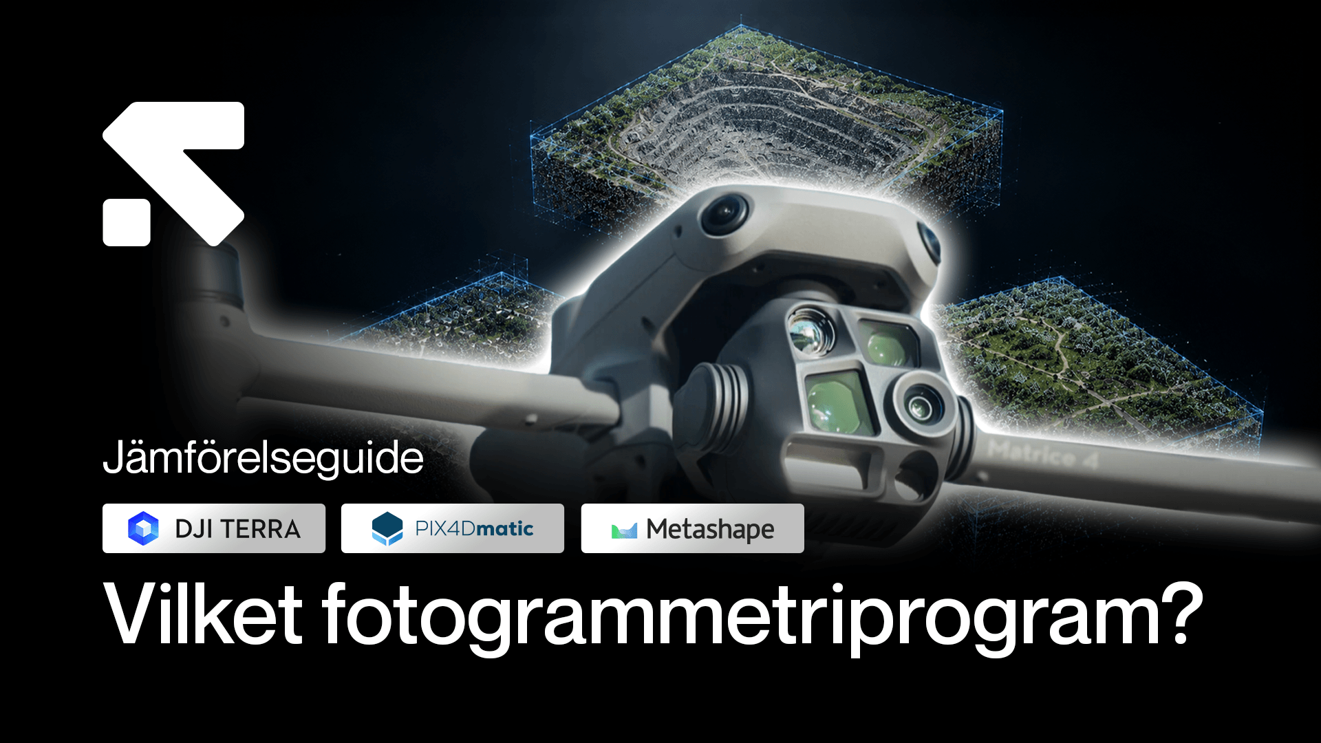 En drönare med avancerad kamera visas framför 3D-modeller av landskap, med logotyper för DJI TERRA, PIX4Dmatic och Metashape, samt texten 'Jämförelseguide: Vilket fotogrammetriprogam?' en-dronare-med.png