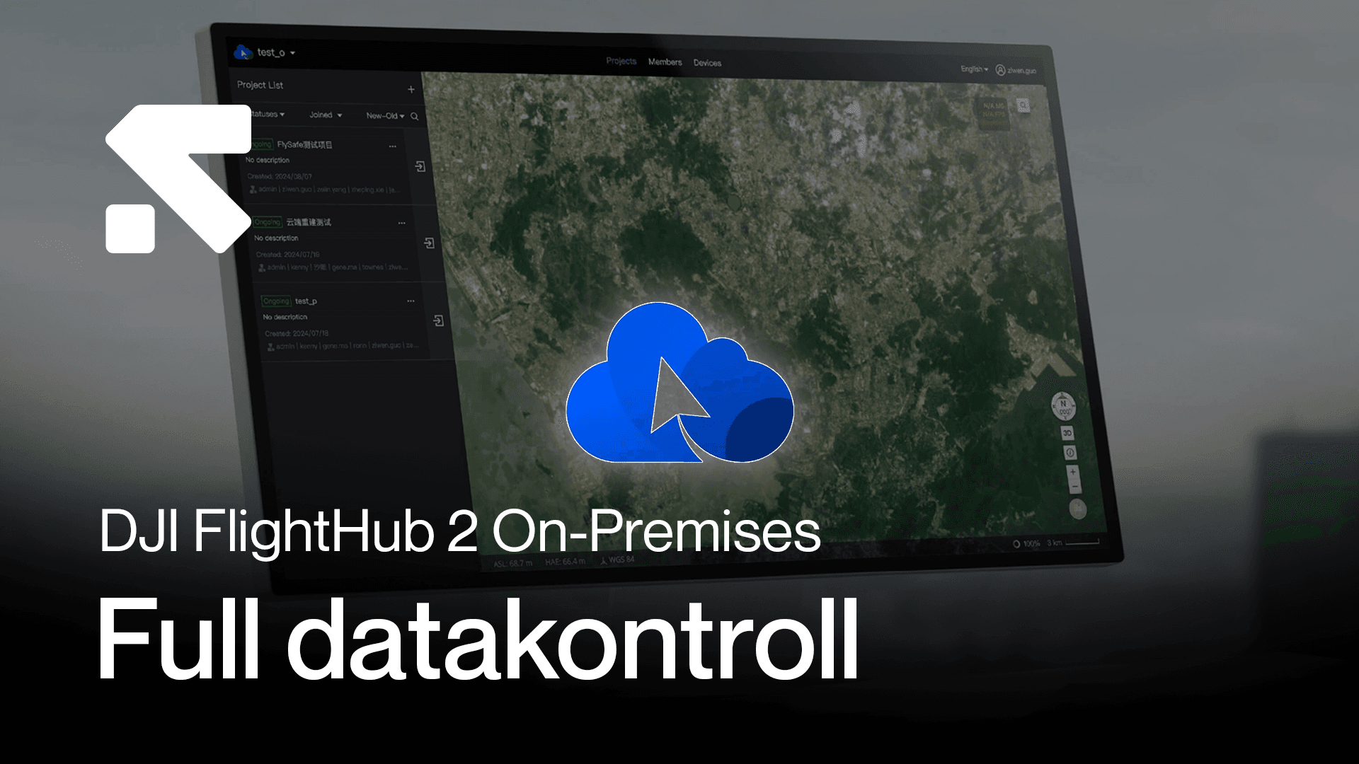 En datorskärm visar DJI FlightHub 2 med en kartvy och projektlista, vilket betonar full datakontroll.