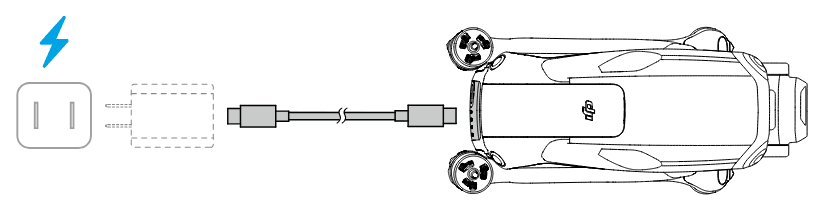 Drönaren laddas: laddaren ansluts med USB-C-kabeln till porten på drönarens baksida.