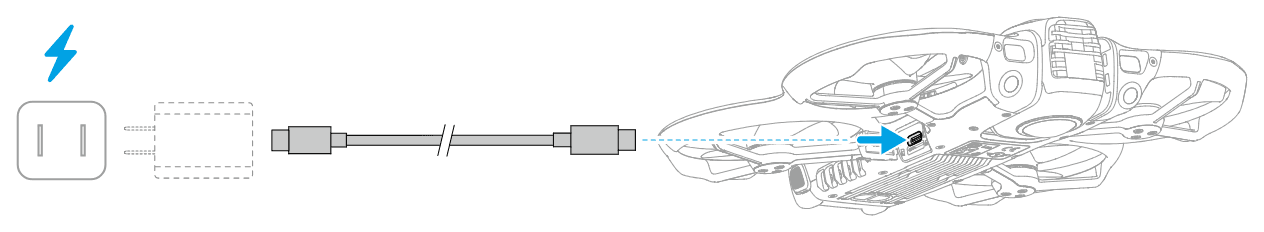 Drönaren laddas: laddaren ansluts med USB-C-kabeln till drönarens USB-C-port.