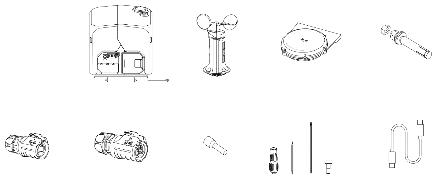 I lådan till Dock 3: dockan, vindmätaren, RTK-modulen, expanderbult, kontakter till nätverks- och strömkabeln, kabelhylsa, skruvar, verktyg och USB-C-kabel.