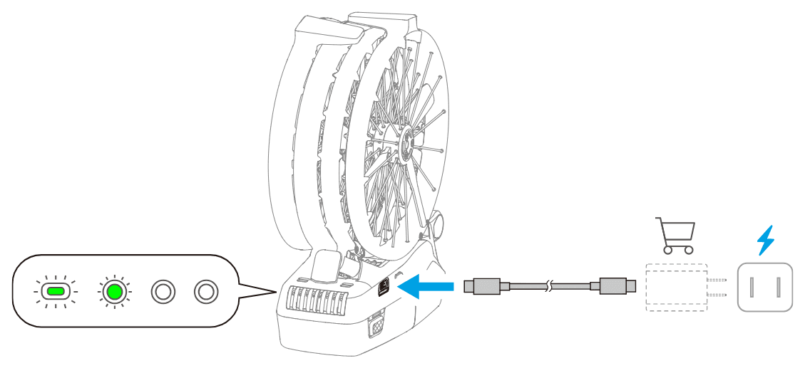 Laddaren ansluts med en USB-C-kabel till drönaren, och batterilamporna blinkar under laddningen. Kundvagnen: laddaren köps separat.