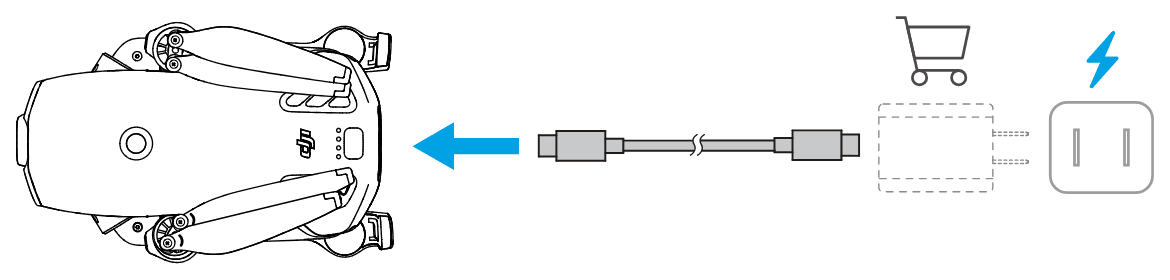 Laddaren ansluts med en USB-C-kabel till porten baktill på drönaren. Kundvagnen betyder att laddaren köps separat.