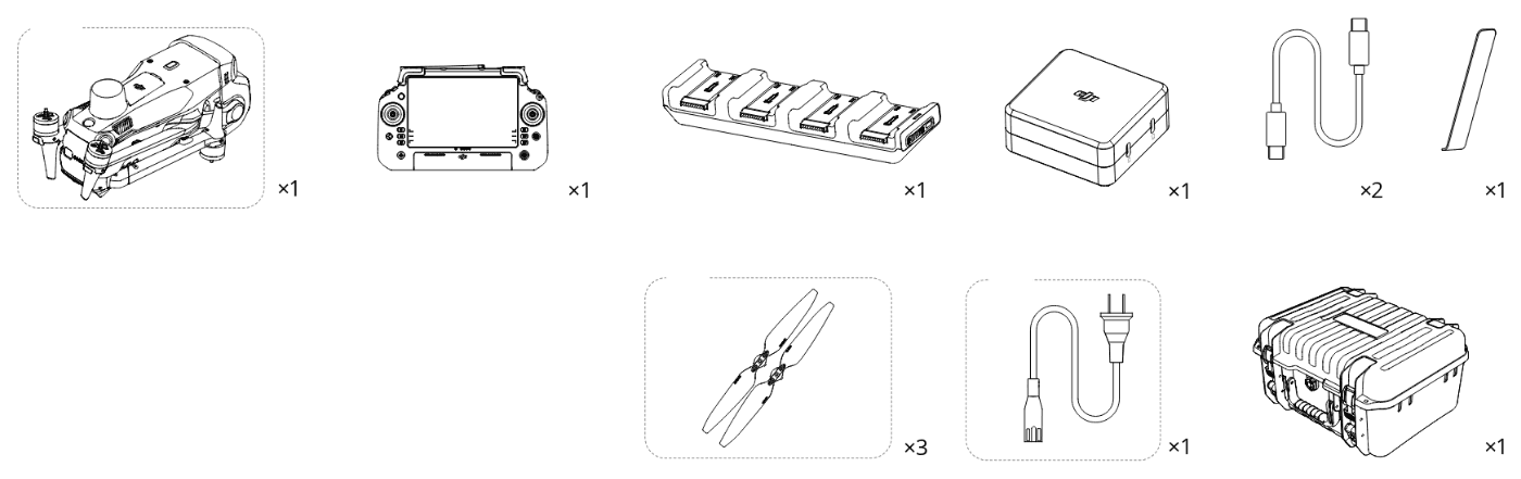 Innehållet i förpackningen: drönare med batteri, fjärrkontroll, laddhubb, adapter, två USB-C-kablar, verktyg, tre par propellrar, nätkabel och väska.