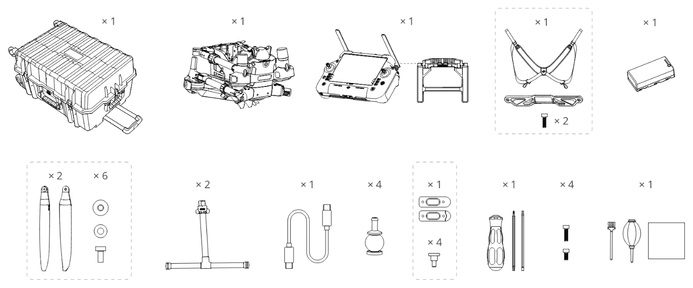 Det som ingår i alla paket: transportväska, drönare, fjärrkontroll med sub2G-modul, rem, WB37-batteri, propellrar, landningsställ, kabel och verktyg.