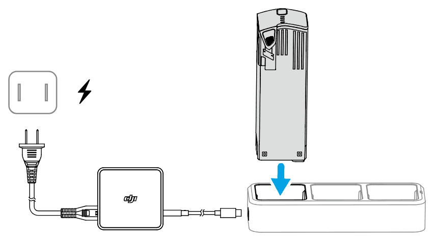 Ett batteri trycks ned i laddhubben, och hubben ansluts till DJI 100W USB-C Power Adapter.
