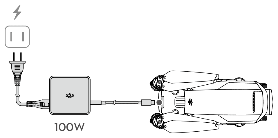 Drönaren laddas: DJI 100W USB-C Power Adapter ansluts med USB-C-kabeln till porten baktill på drönaren.
