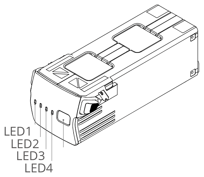 Batteriets fyra lampor, LED1–LED4 räknat från vänster, och strömknappen till höger om dem.