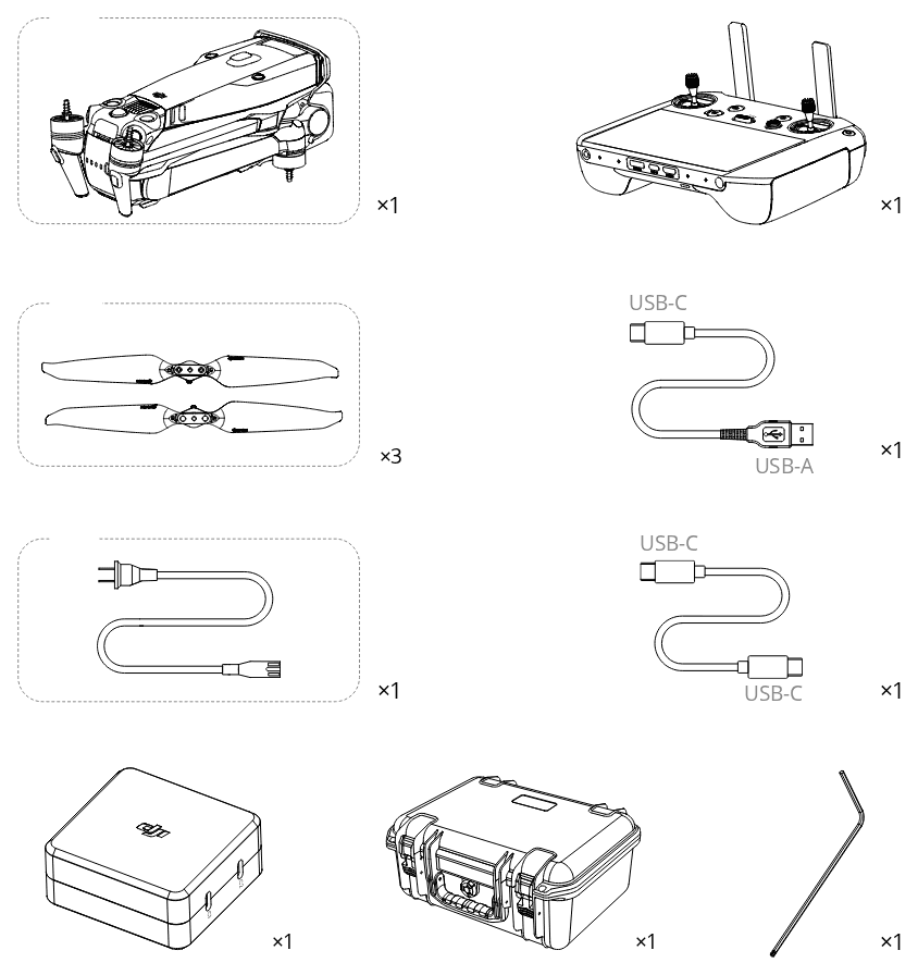 Innehållet i förpackningen: drönare med batteri, fjärrkontroll, tre par propellrar, nätkabel, två USB-kablar, laddare, väska och skruvmejsel.