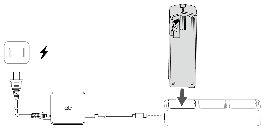 Batteriet sätts ned i laddhubben, och hubben ansluts med en USB-C-kabel till DJI USB-C Power Adapter (100W).