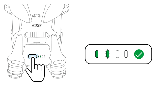 Ett tryck på batteriets strömknapp aktiverar batteriet, och laddnivålamporna tänds.