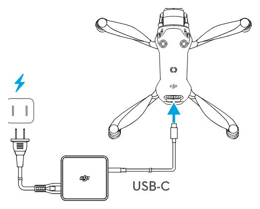 Drönaren laddas: laddaren ansluts med USB-C-kabeln till porten på drönarens baksida.