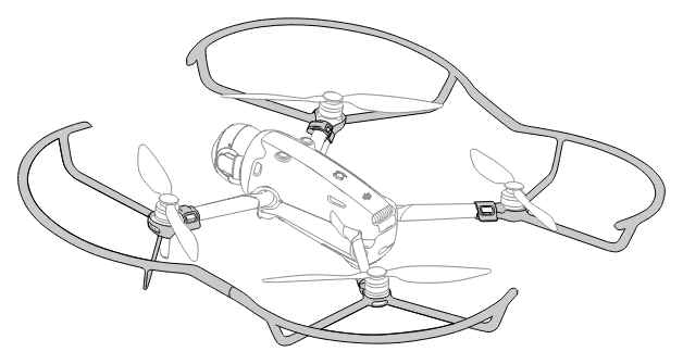 Mavic 4 Pro med propellerskydden monterade runt alla fyra propellrarna.