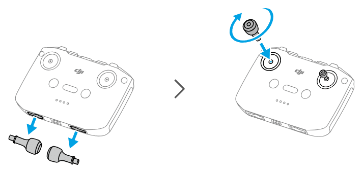Styrspakarna tas ut ur facken nedtill på DJI RC-N3 och skruvas fast ovanpå fjärrkontrollen.