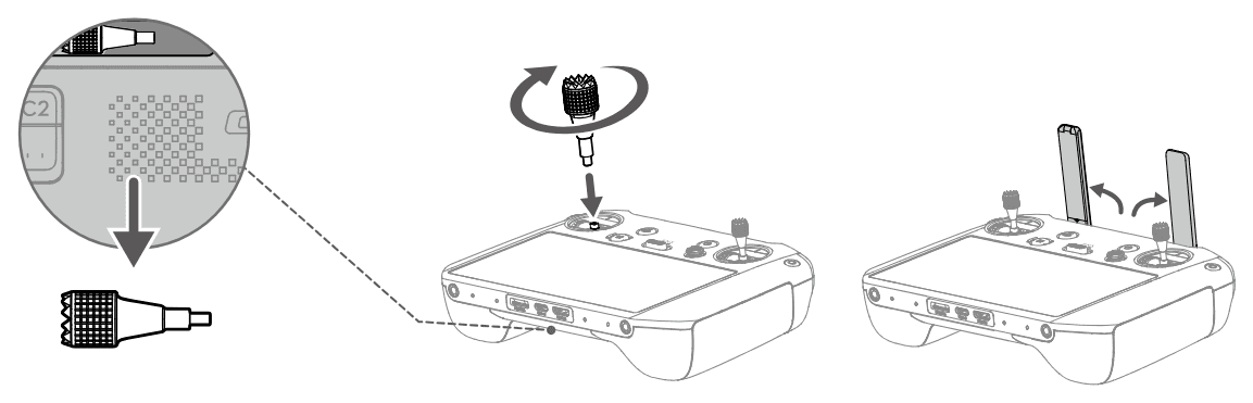 DJI RC Pro Enterprise: styrspakarna tas ut ur förvaringsfacket och skruvas fast, och sedan fälls antennerna ut.