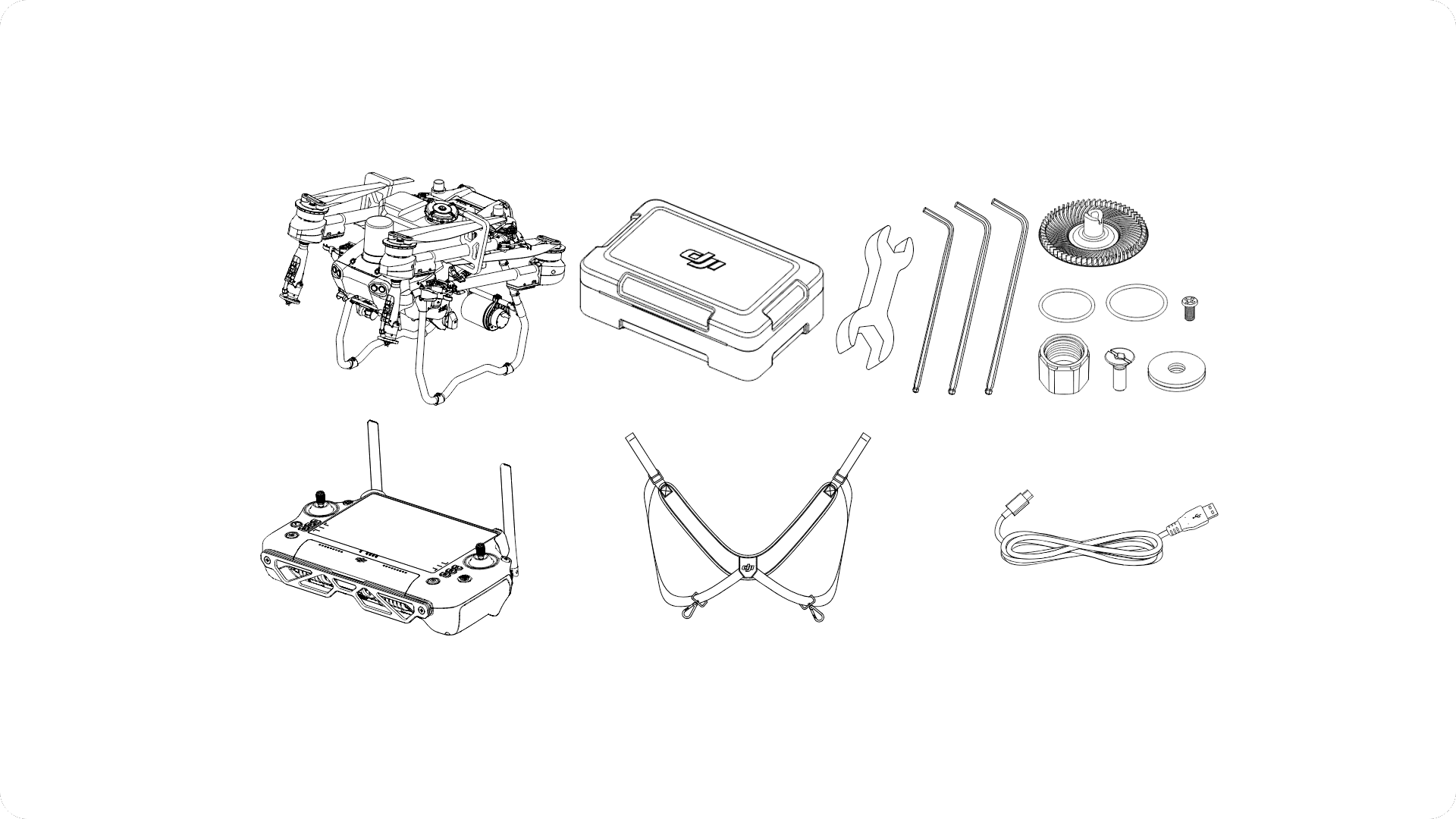 Illustration av drönartillbehör inklusive en fjärrkontroll, verktyg, kablar och en förvaringslåda.